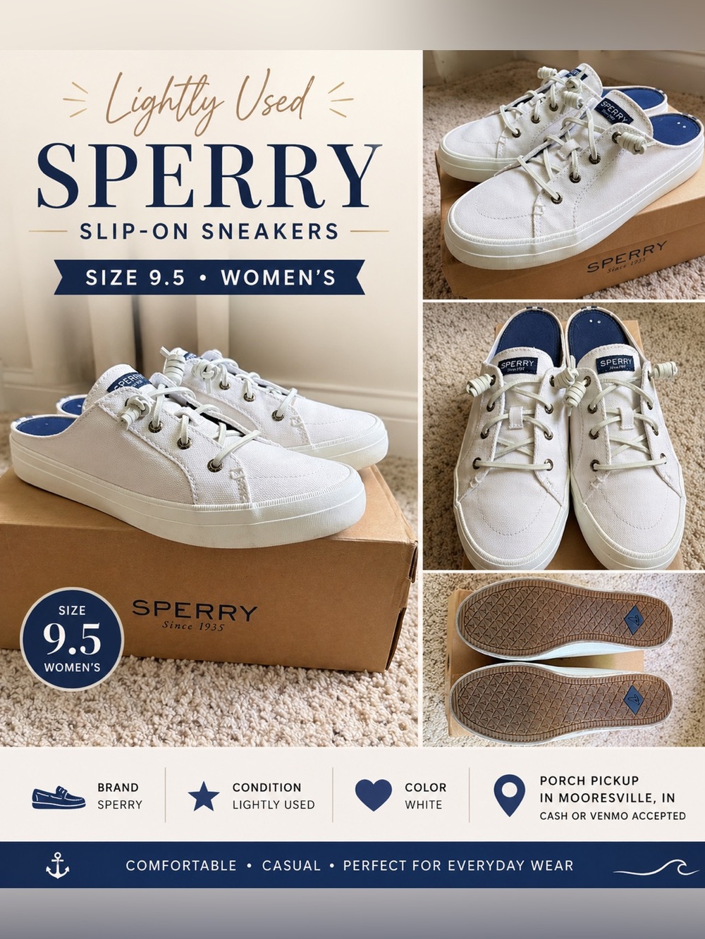Sperry Women’s White Slip-On Canvas Sneakers with Navy Heel